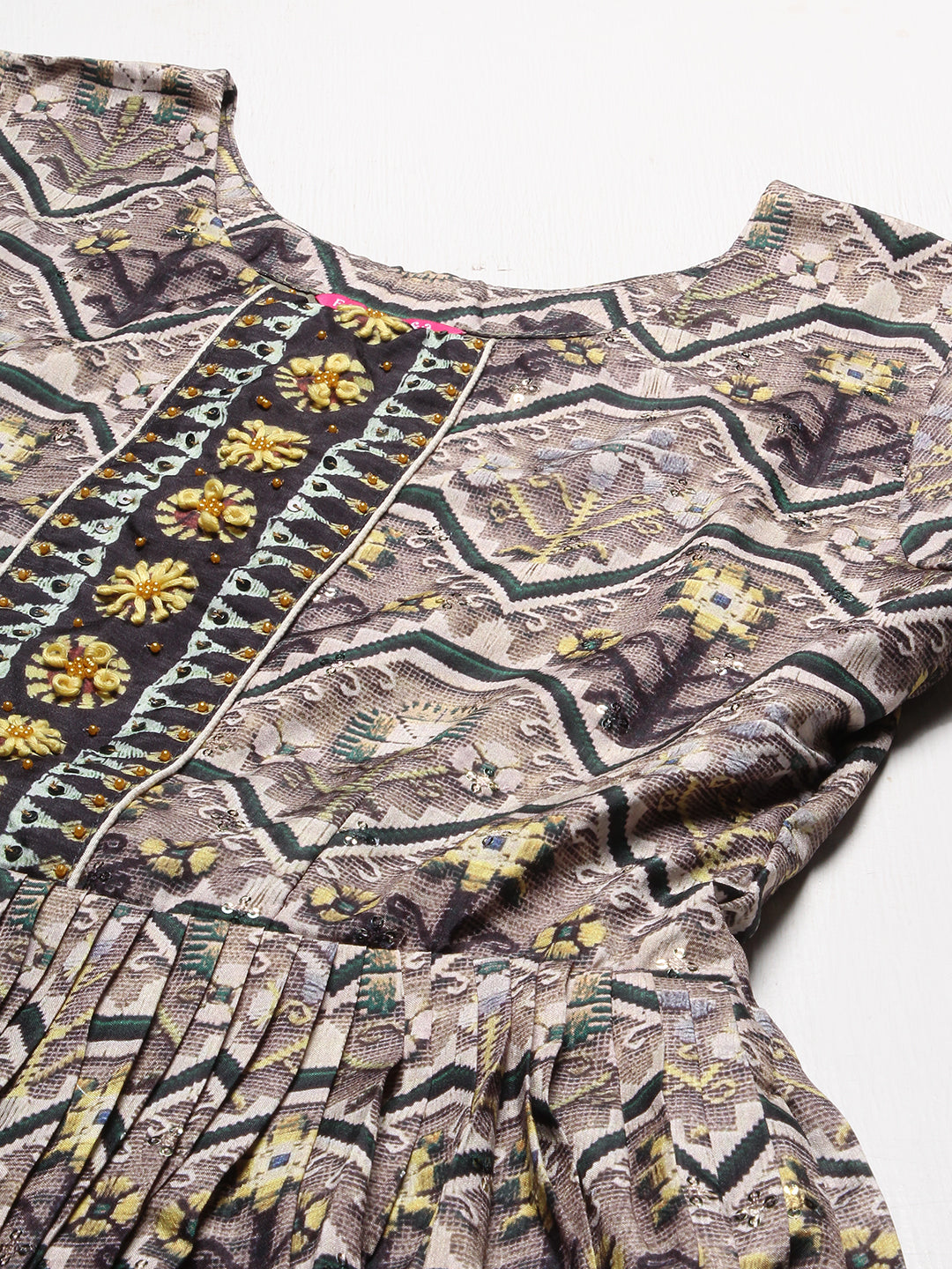 Ethnic Printed & Hand Embroidered Flared Maxi Dress - Multi