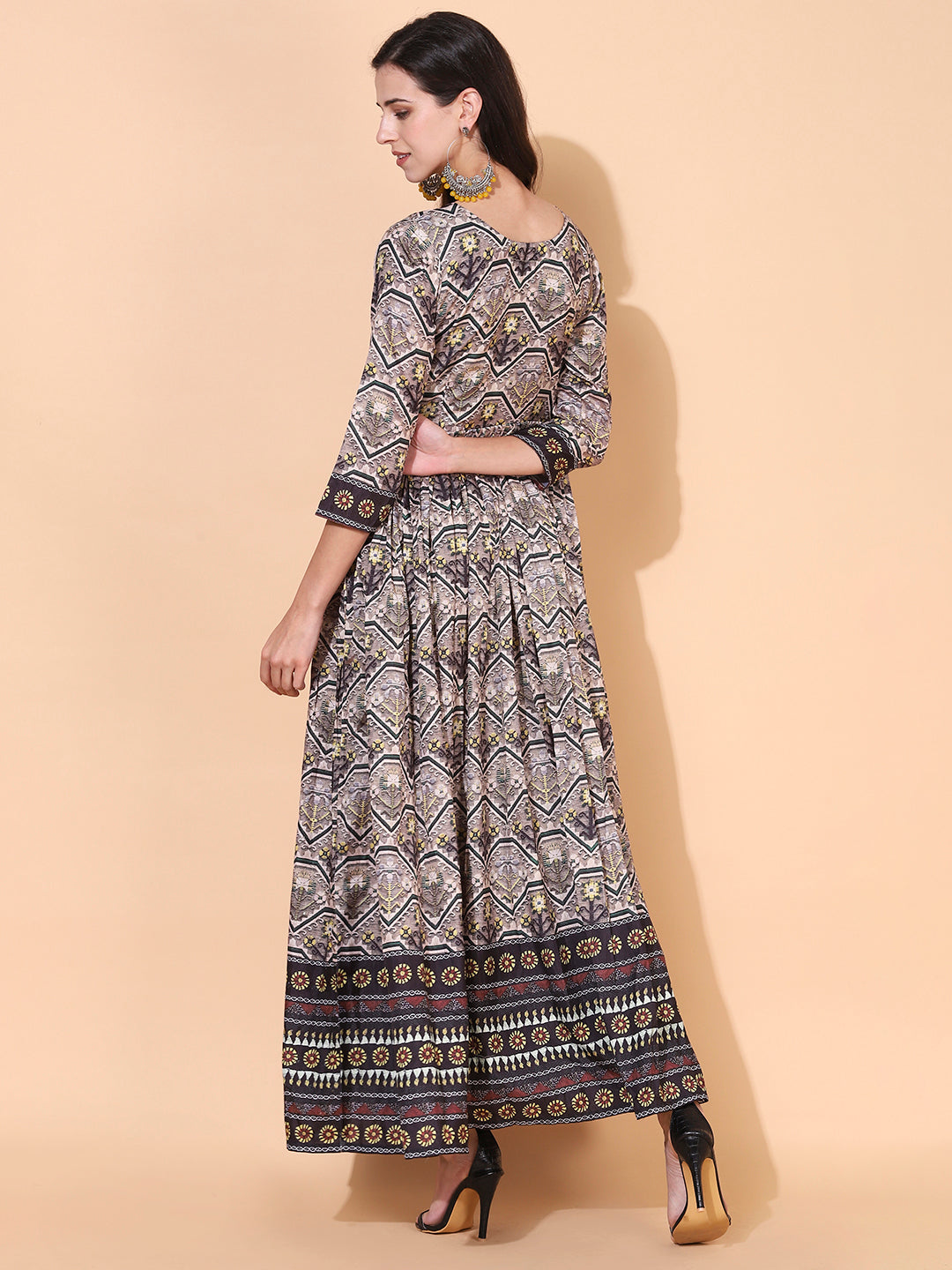 Ethnic Printed & Hand Embroidered Flared Maxi Dress - Multi