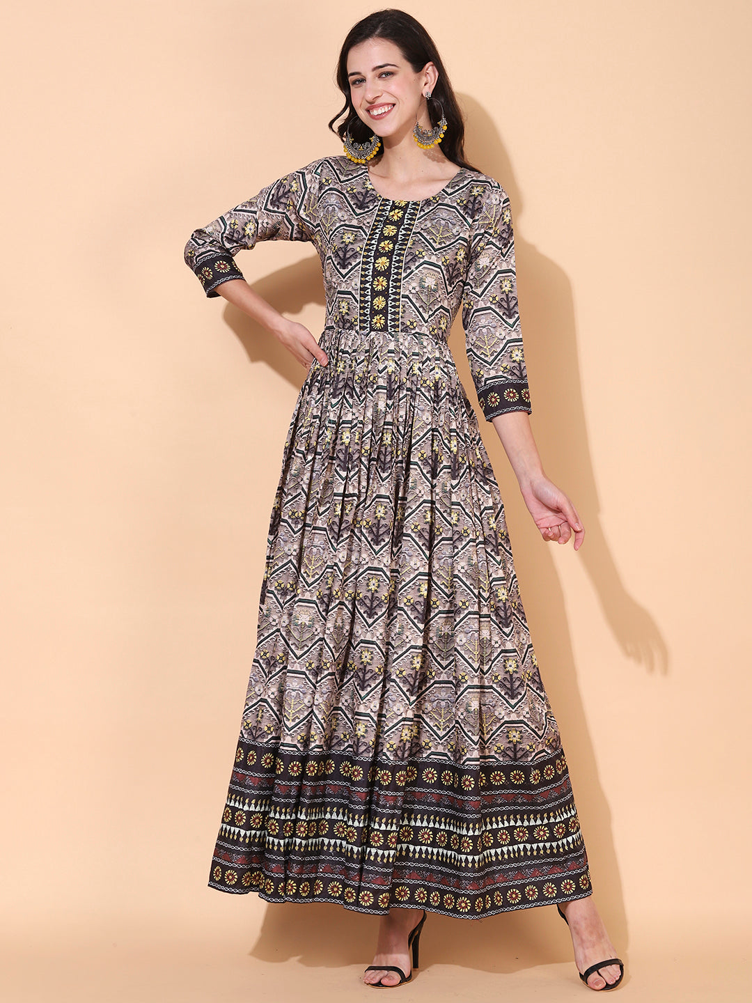 Ethnic Printed & Hand Embroidered Flared Maxi Dress - Multi