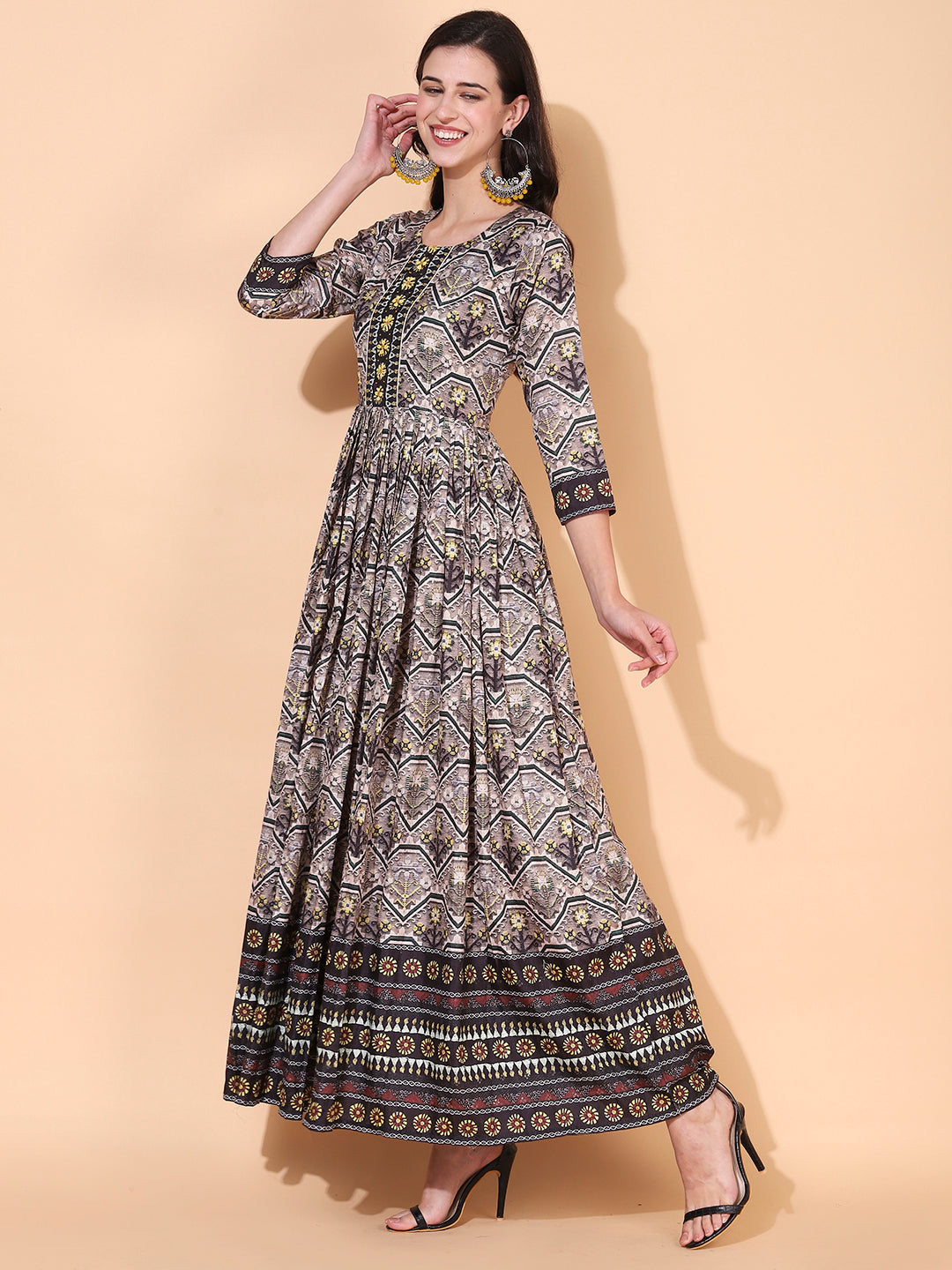 Ethnic Printed & Hand Embroidered Flared Maxi Dress - Multi