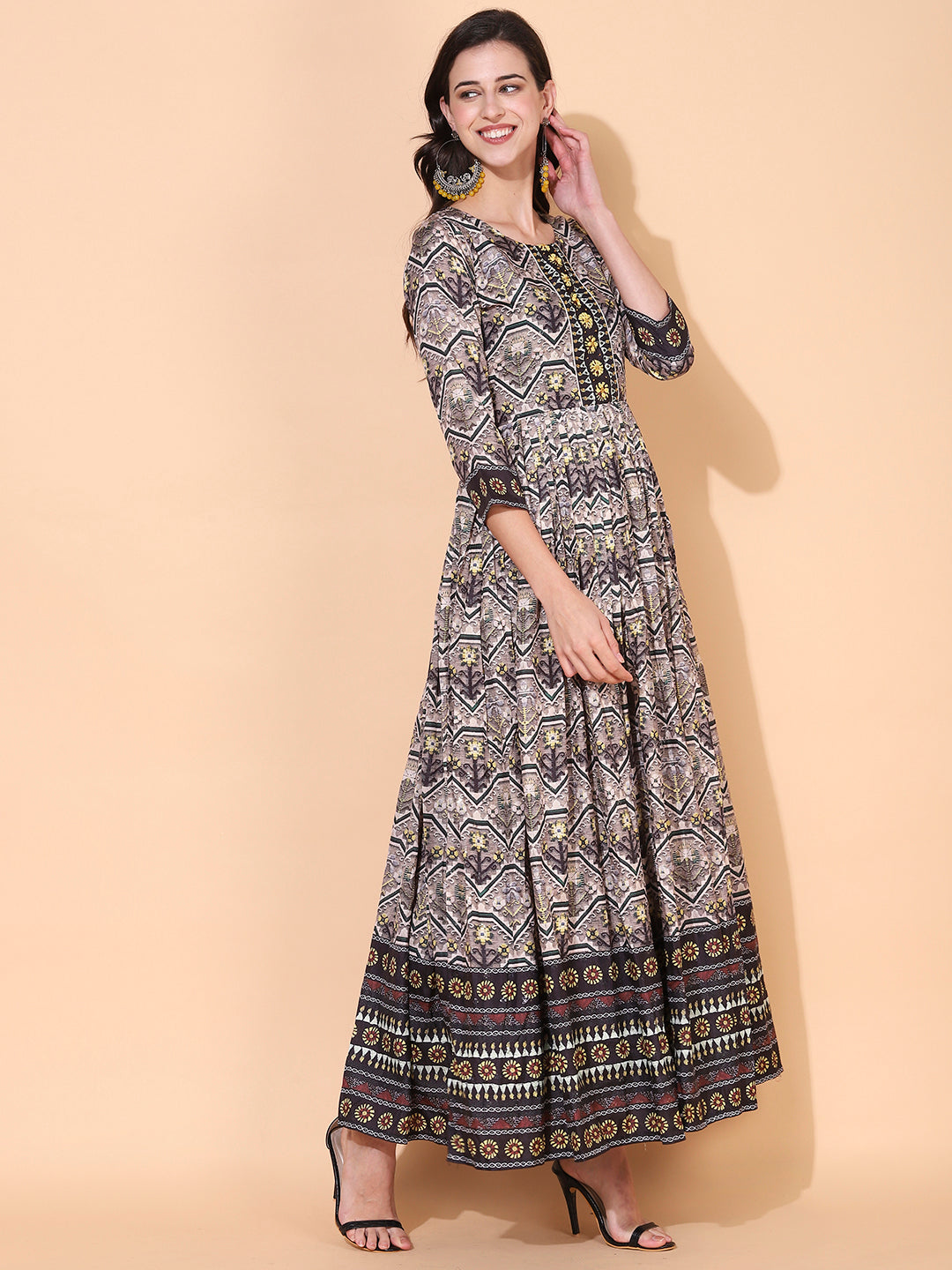 Ethnic Printed & Hand Embroidered Flared Maxi Dress - Multi