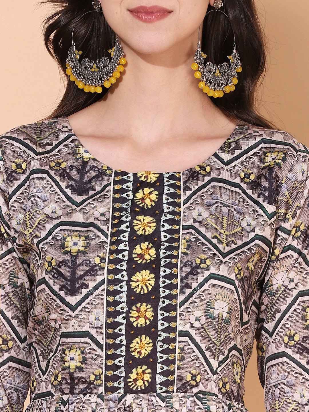 Ethnic Printed & Hand Embroidered Flared Maxi Dress - Multi