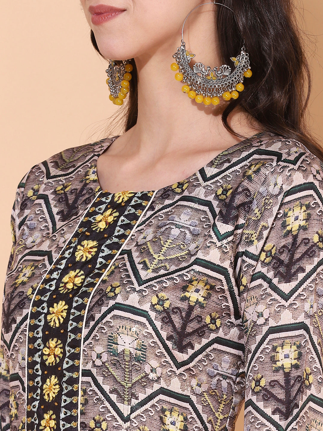 Ethnic Printed & Hand Embroidered Flared Maxi Dress - Multi