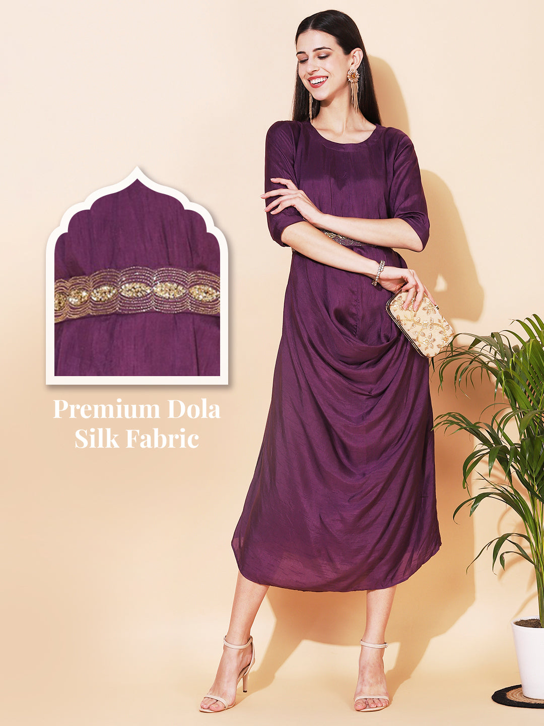 Solid Cowl Midi Dress with Hand Embroidered Belt - Purple