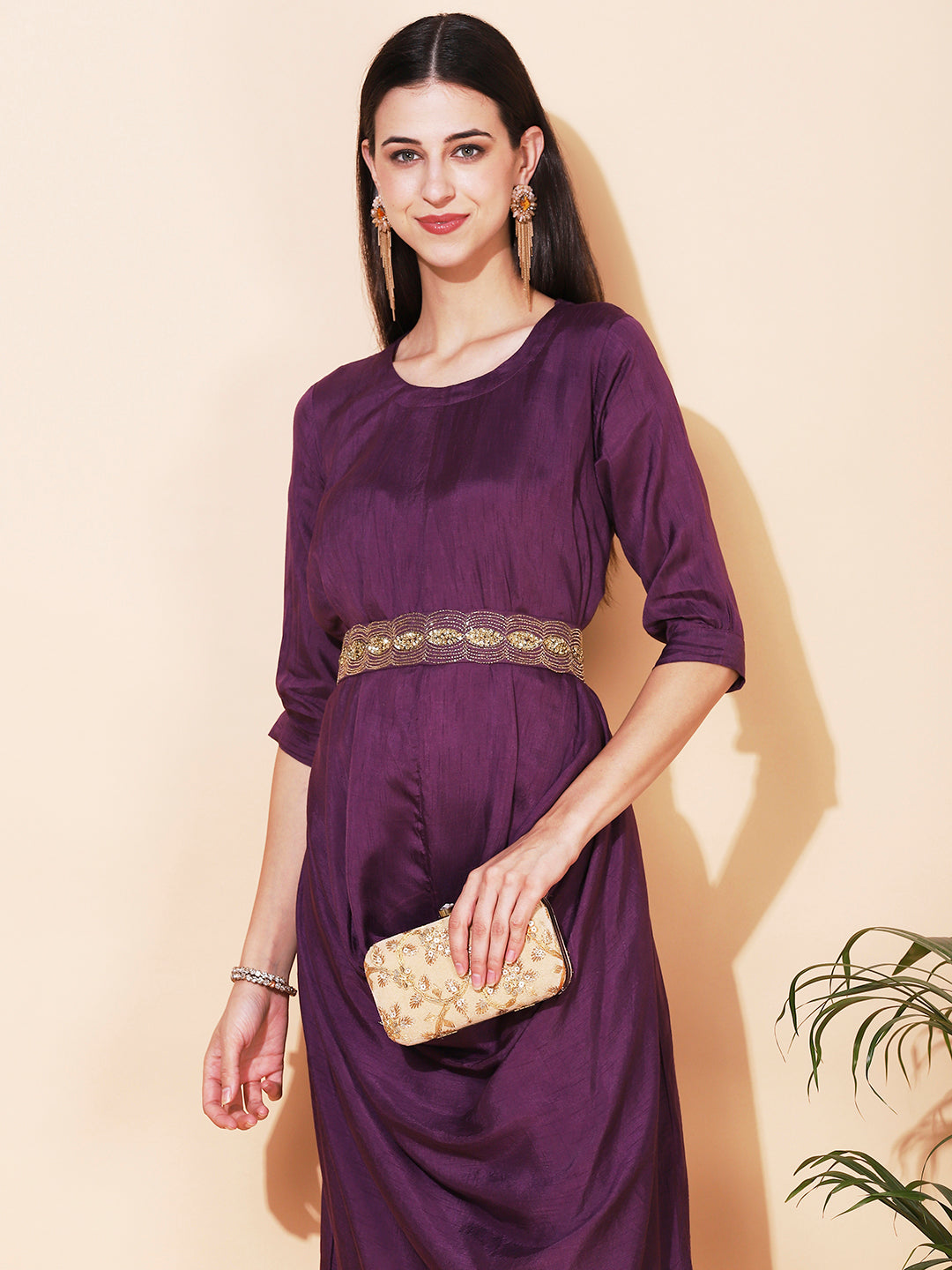 Solid Cowl Midi Dress with Hand Embroidered Belt - Purple