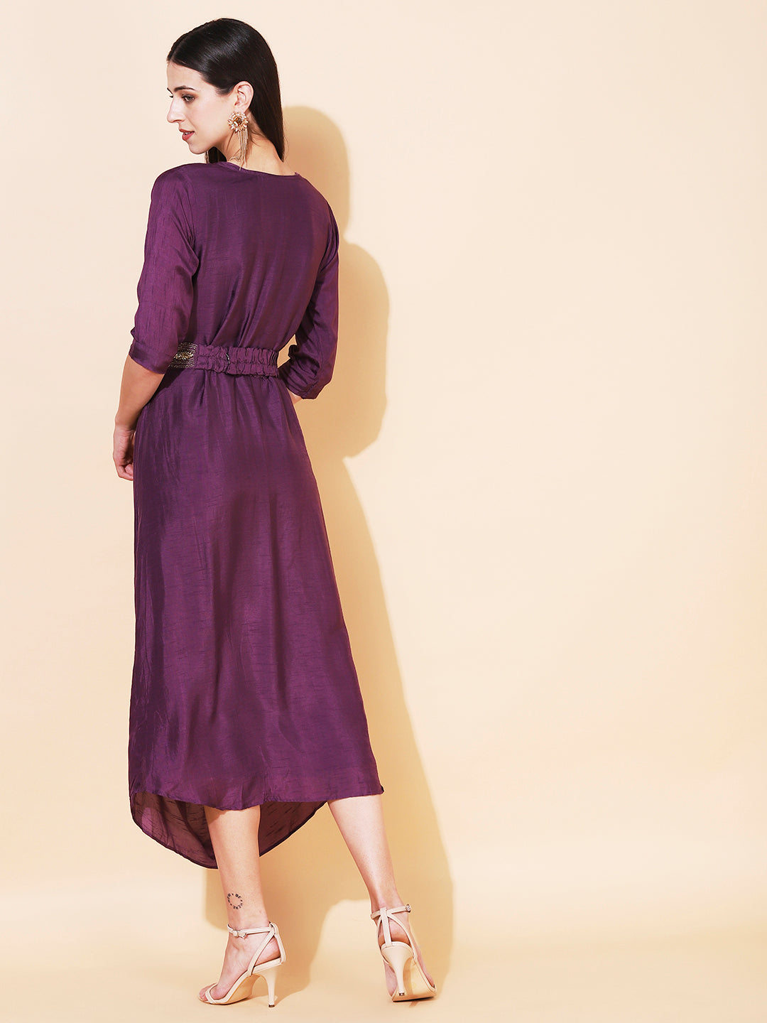 Solid Cowl Midi Dress with Hand Embroidered Belt - Purple