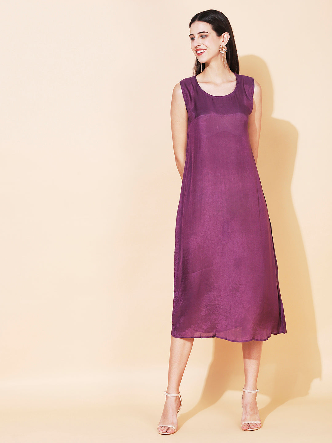 Solid Cowl Midi Dress with Hand Embroidered Belt - Purple