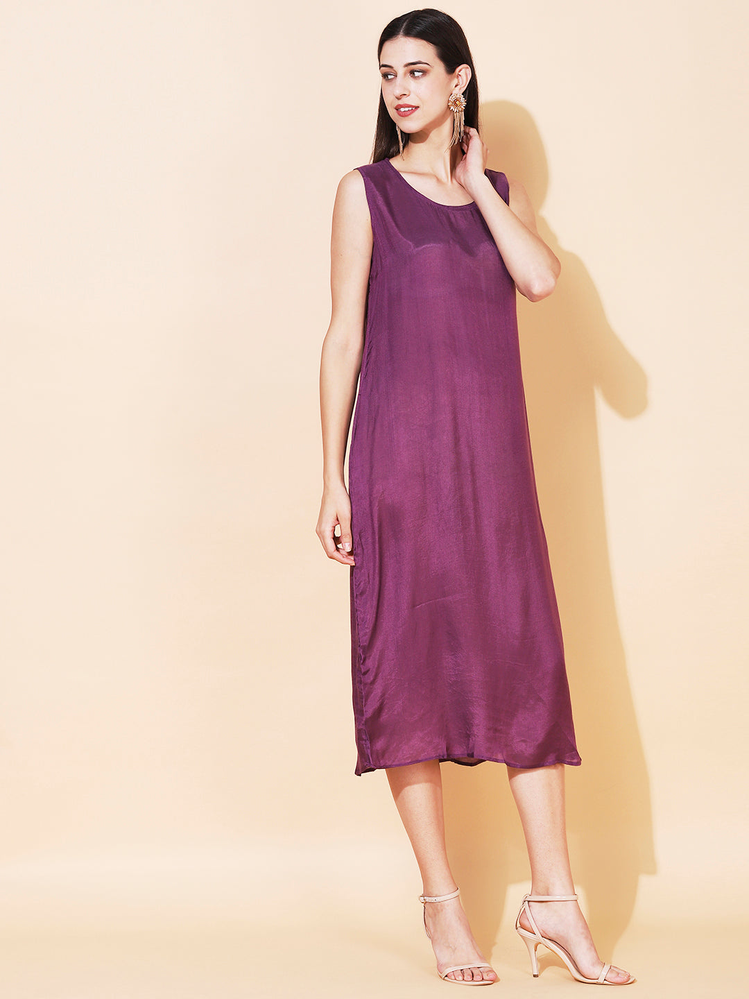 Solid Cowl Midi Dress with Hand Embroidered Belt - Purple
