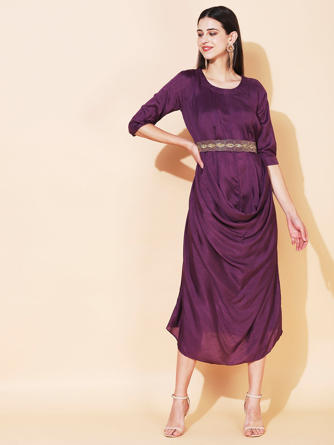 Solid Cowl Midi Dress with Hand Embroidered Belt - Purple