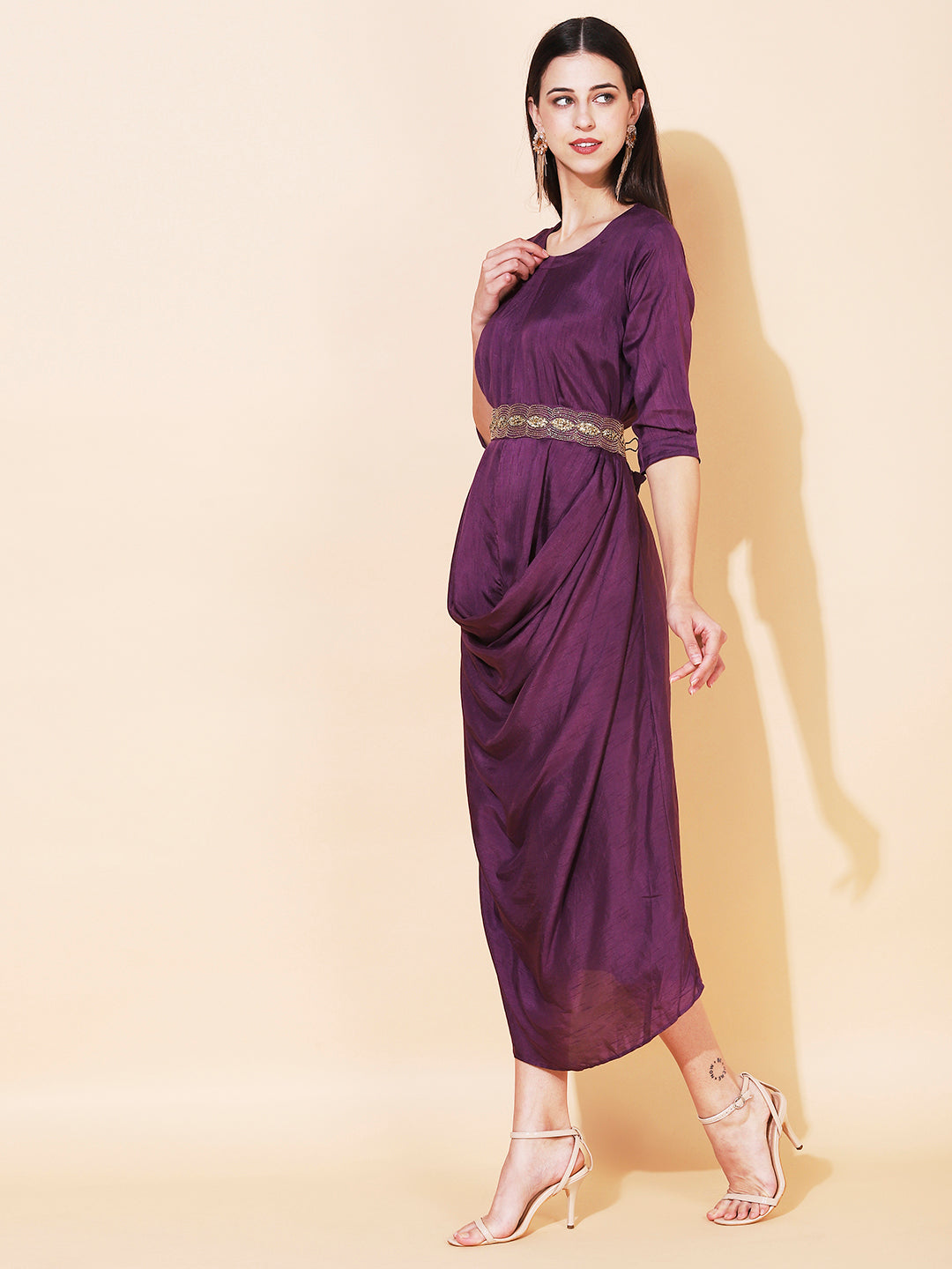 Solid Cowl Midi Dress with Hand Embroidered Belt - Purple