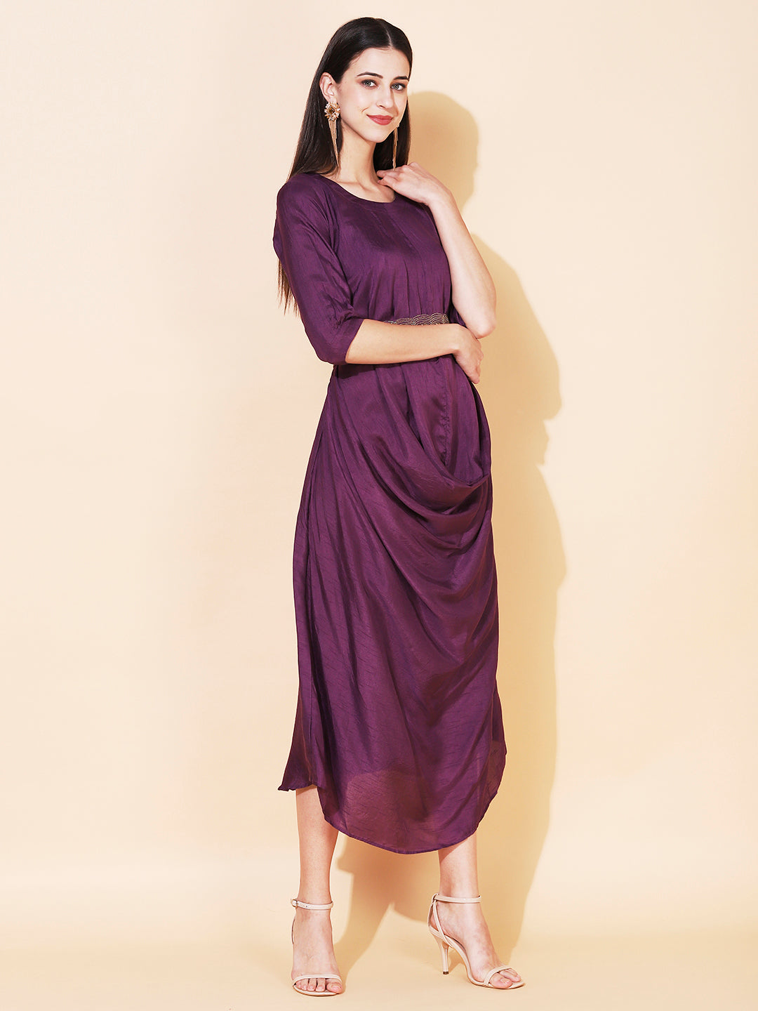 Solid Cowl Midi Dress with Hand Embroidered Belt - Purple