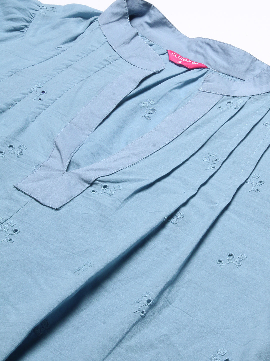 Ethnic Cutwork Embroidered A-Line Kurti – Light Blue