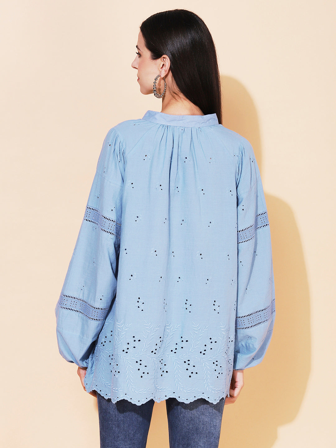Ethnic Cutwork Embroidered A-Line Kurti – Light Blue