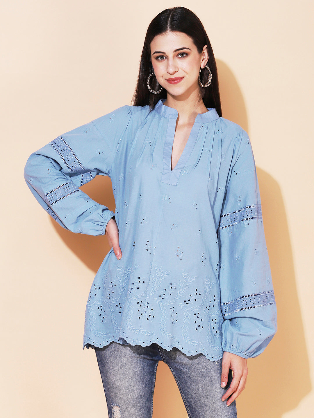 Ethnic Cutwork Embroidered A-Line Kurti – Light Blue