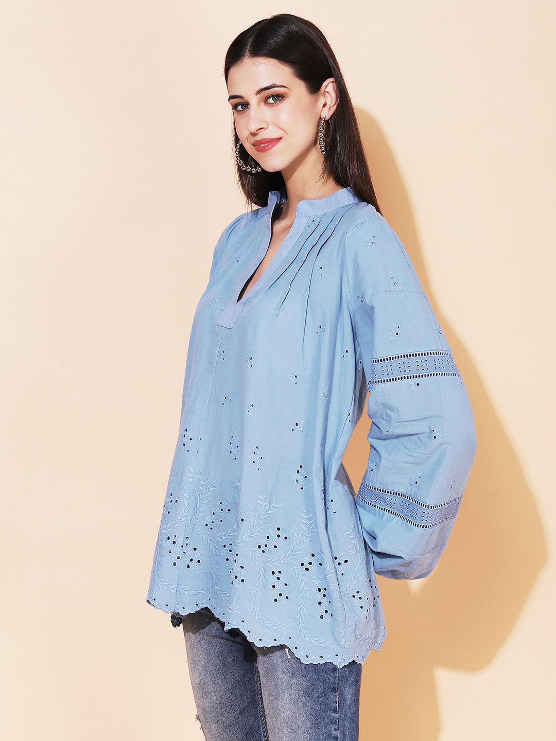 Ethnic Cutwork Embroidered A-Line Kurti – Light Blue