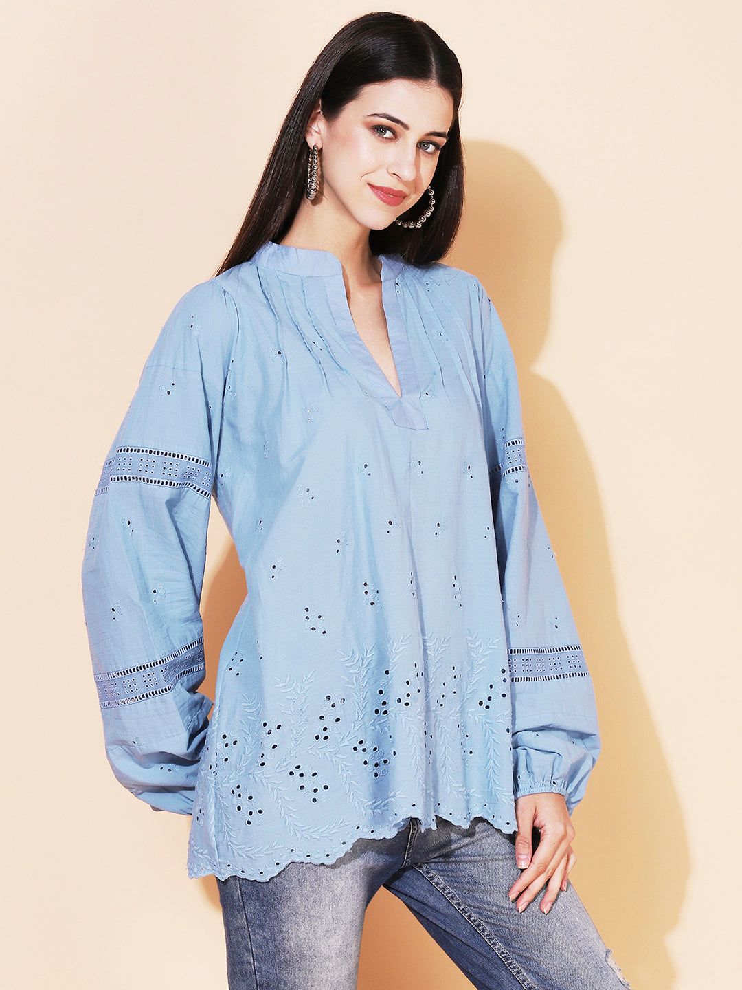 Ethnic Cutwork Embroidered A-Line Kurti – Light Blue