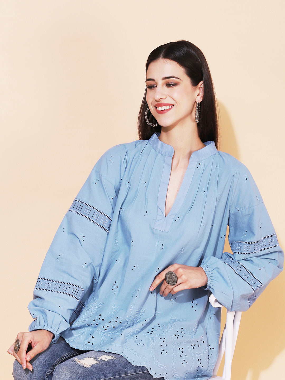 Ethnic Cutwork Embroidered A-Line Kurti – Light Blue