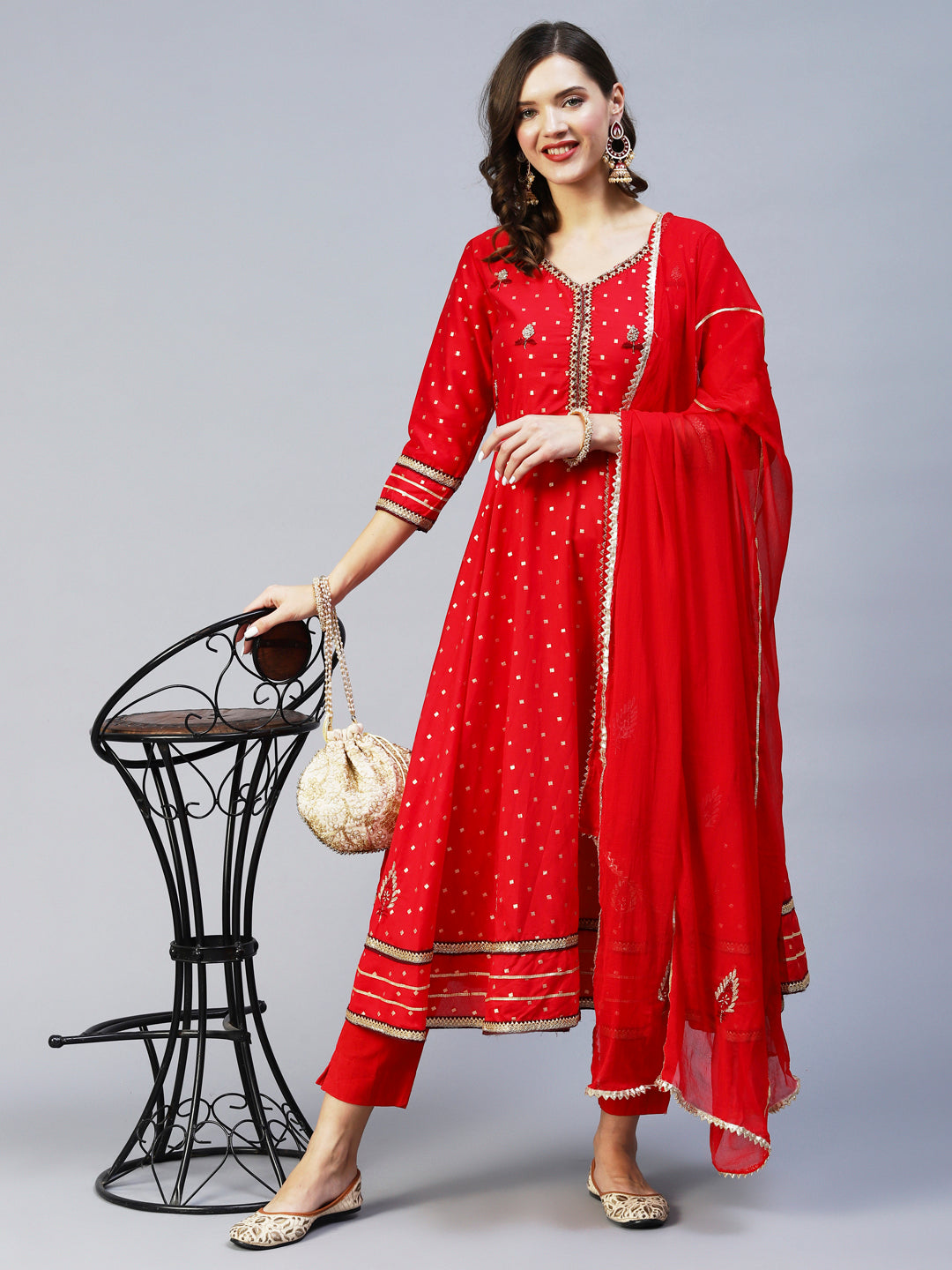 Ethnic Woven & Hand Embroidered Kurta with Pant & Dupatta - Red