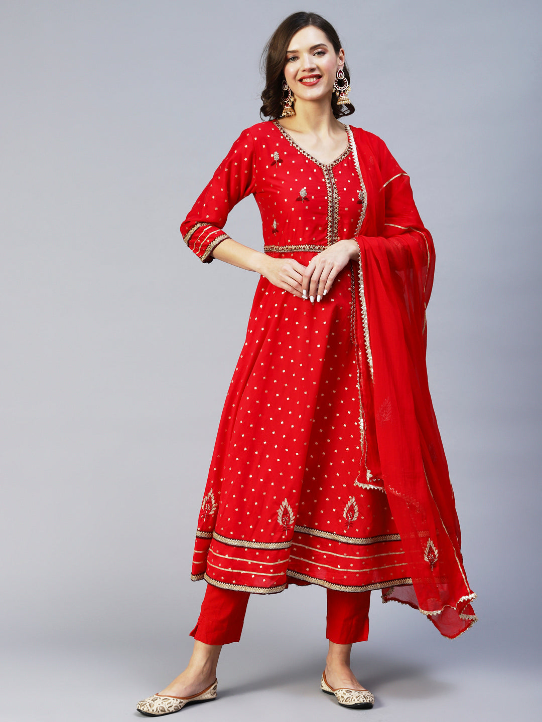 Ethnic Woven & Hand Embroidered Kurta with Pant & Dupatta - Red