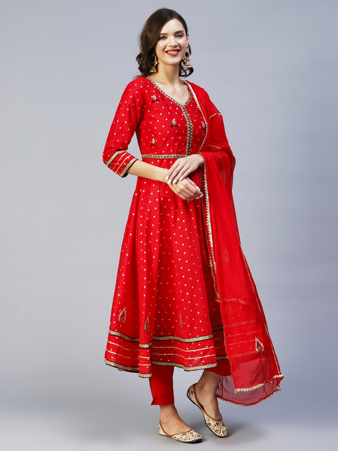 Ethnic Woven & Hand Embroidered Kurta with Pant & Dupatta - Red