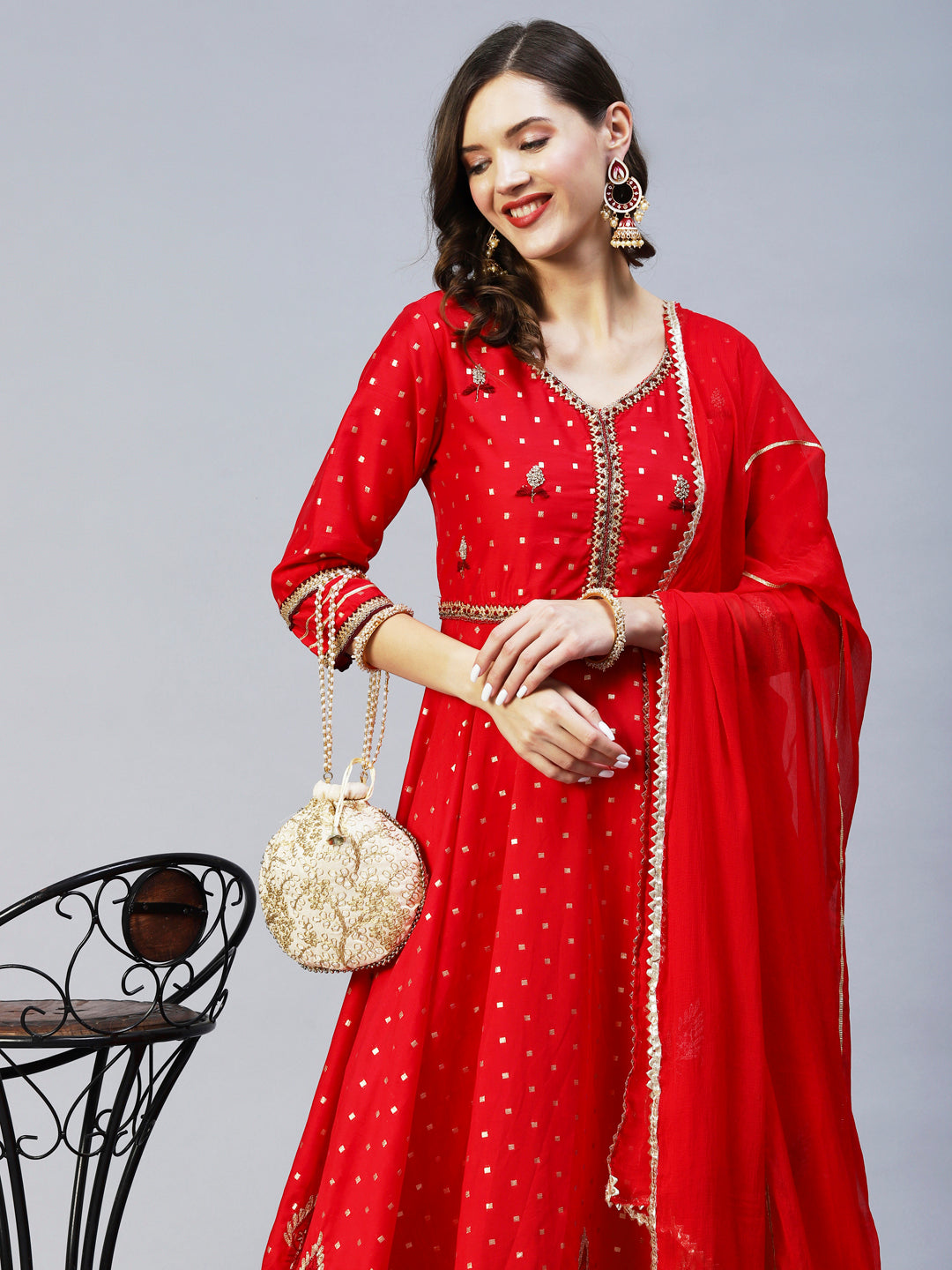 Ethnic Woven & Hand Embroidered Kurta with Pant & Dupatta - Red