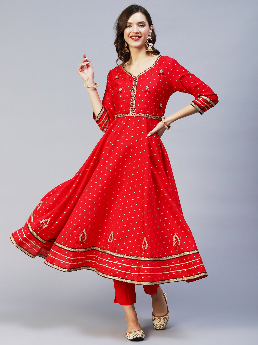 Ethnic Woven & Hand Embroidered Kurta with Pant & Dupatta - Red