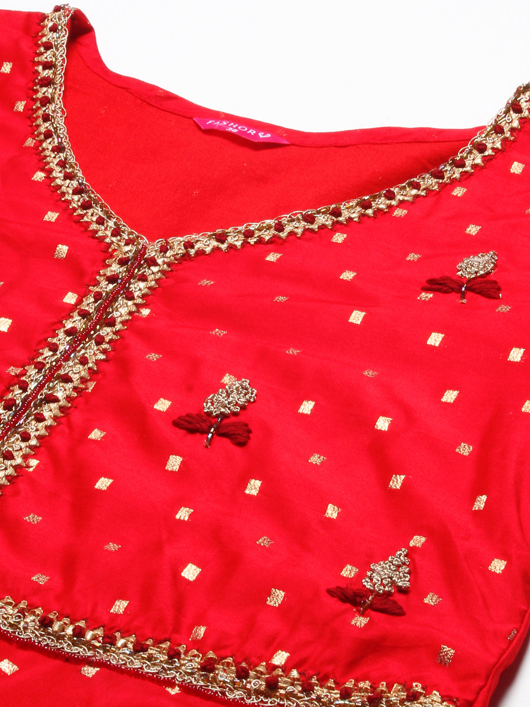 Ethnic Woven & Hand Embroidered Kurta with Pant & Dupatta - Red