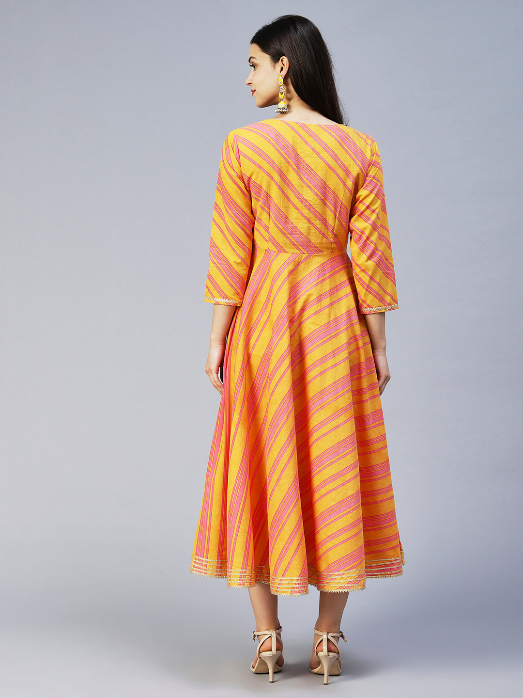 Lehriya Printed Angarakha Style Dress - Mustard