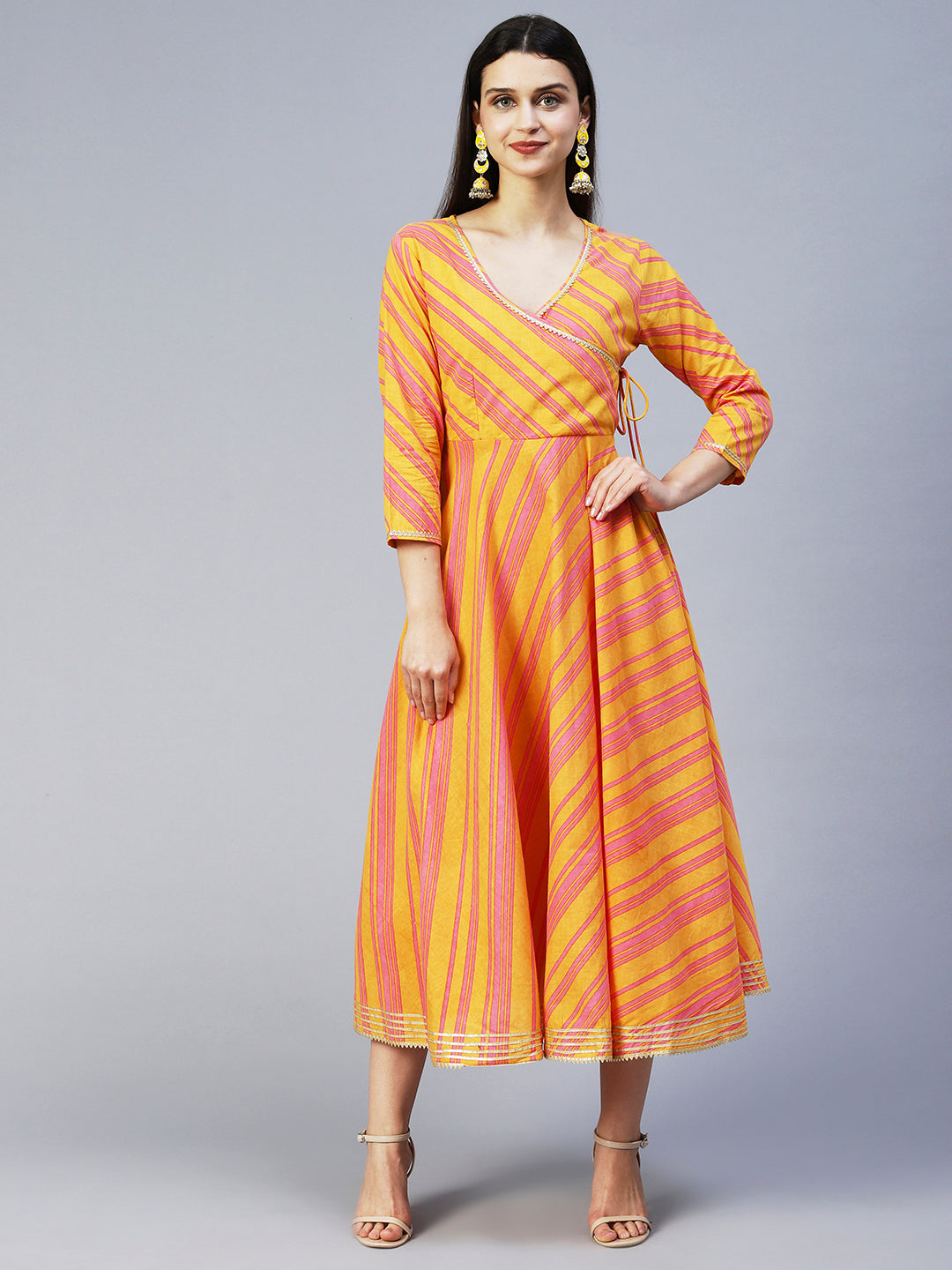 Lehriya Printed Angarakha Style Dress - Mustard