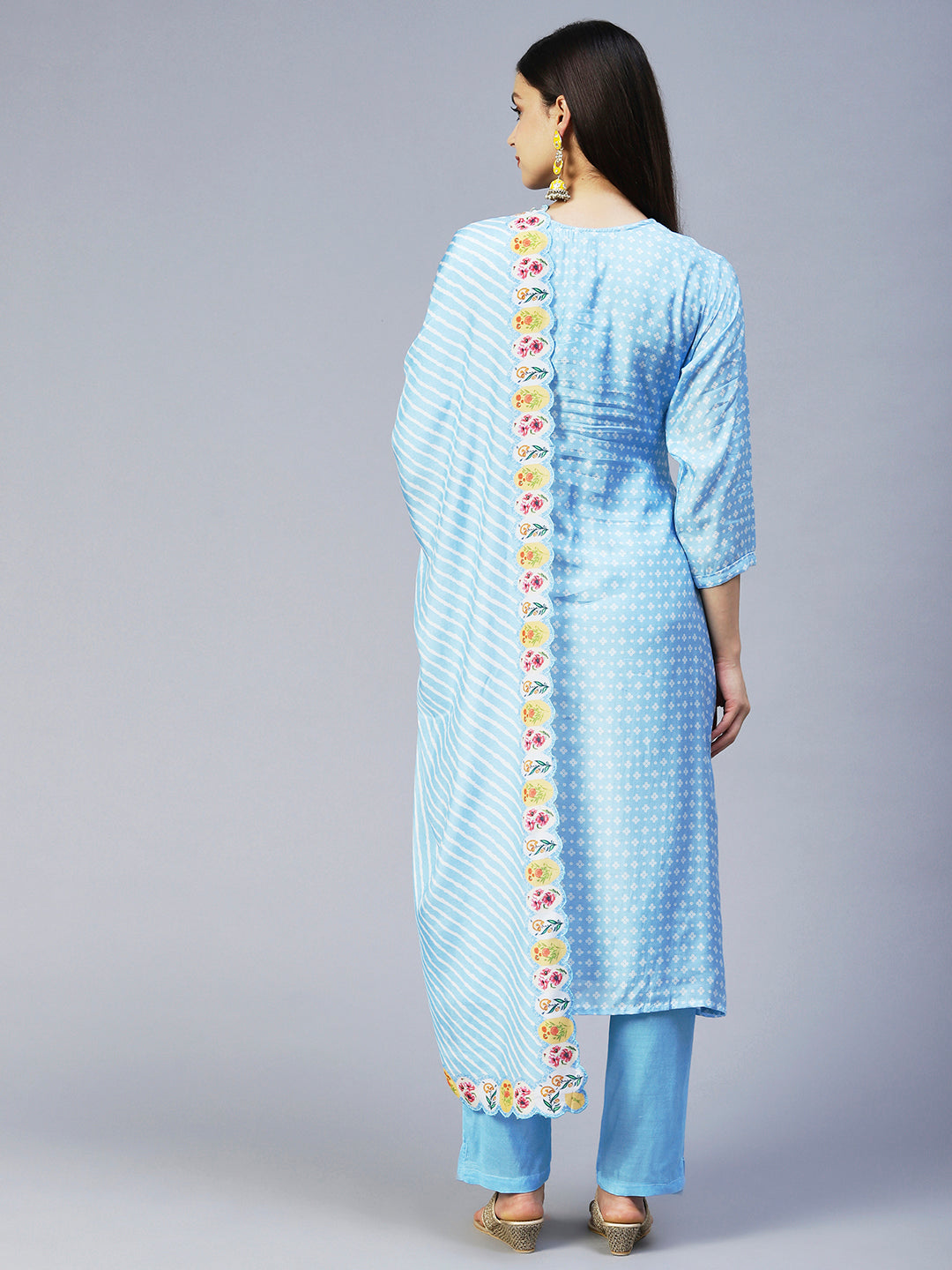 Bandhani Printed & Embroidered Kurta with Pant & Dupatta - Light Blue