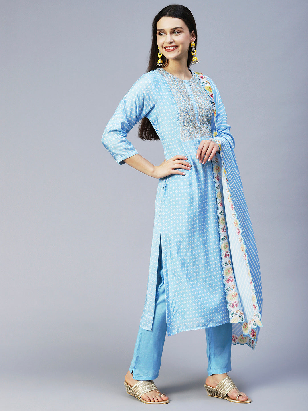 Bandhani Printed & Embroidered Kurta with Pant & Dupatta - Light Blue