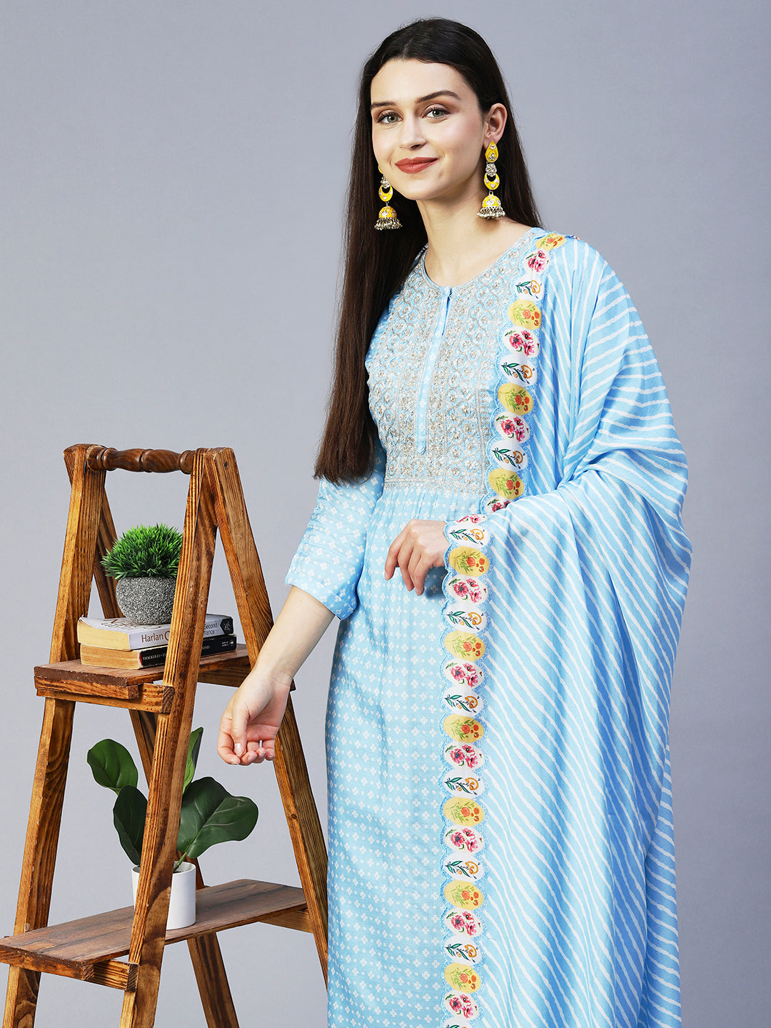 Bandhani Printed & Embroidered Kurta with Pant & Dupatta - Light Blue