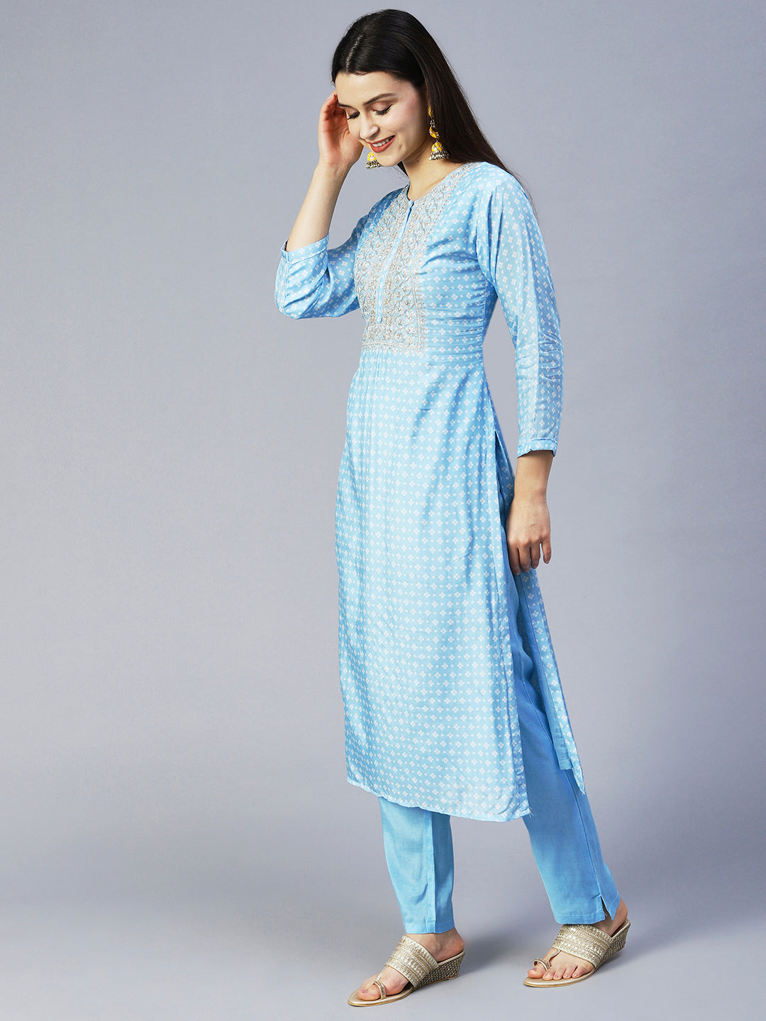 Bandhani Printed & Embroidered Kurta with Pant & Dupatta - Light Blue
