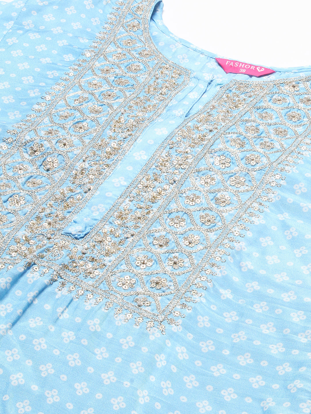 Bandhani Printed & Embroidered Kurta with Pant & Dupatta - Light Blue