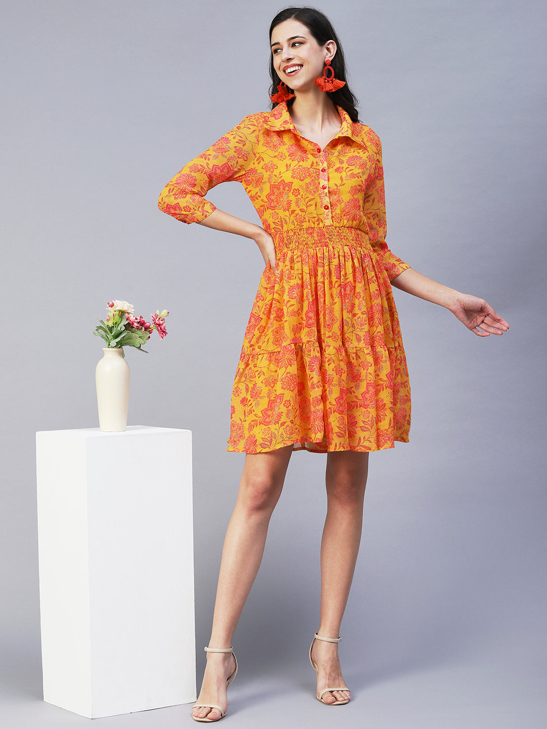 Floral Printed A-Line Midi Dress - Yellow