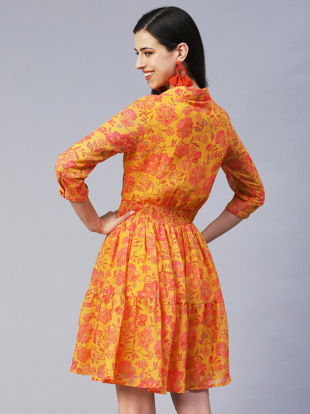 Floral Printed A-Line Midi Dress - Yellow