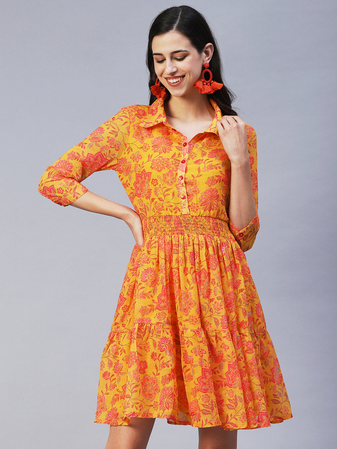 Floral Printed A-Line Midi Dress - Yellow