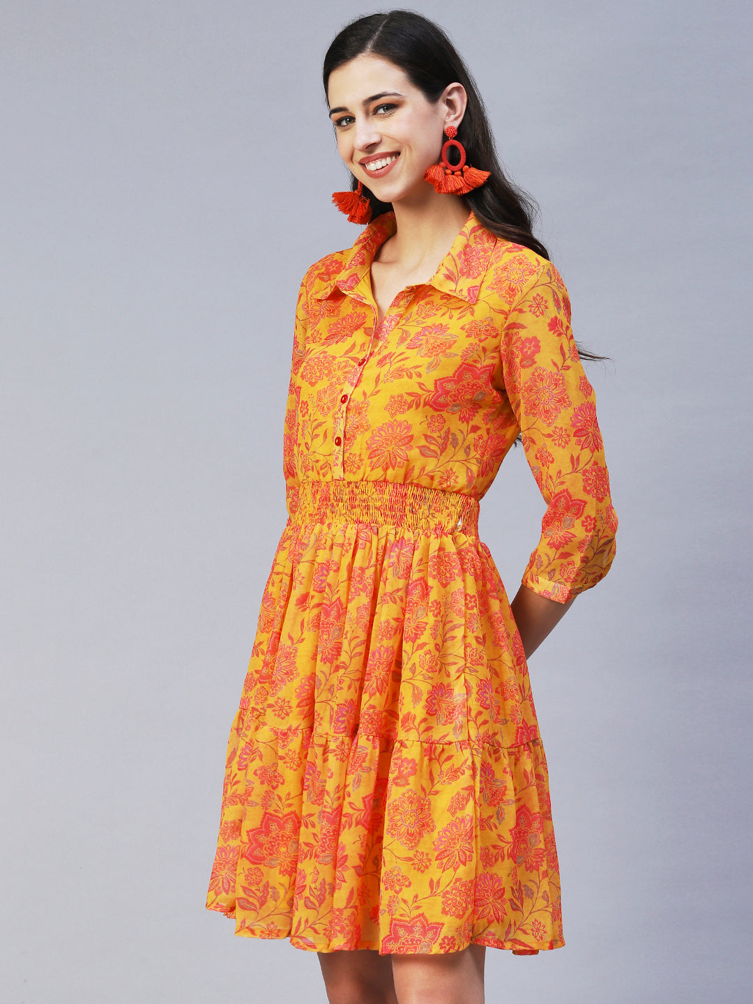 Floral Printed A-Line Midi Dress - Yellow