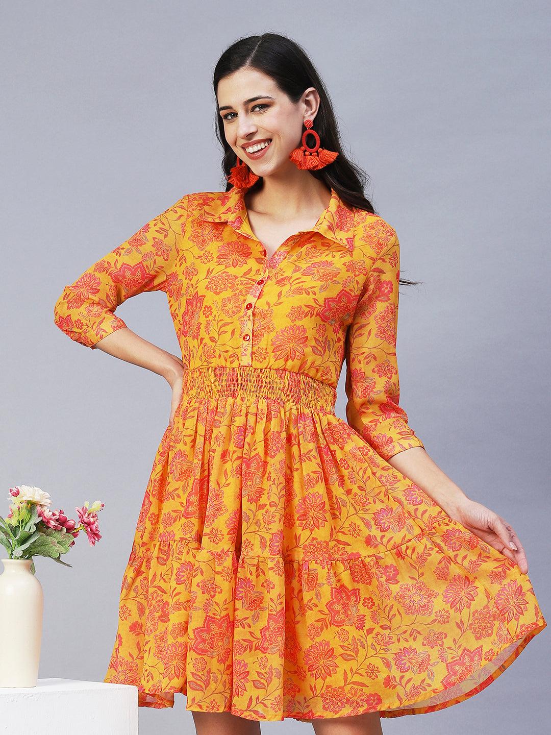 Floral Printed A-Line Midi Dress - Yellow