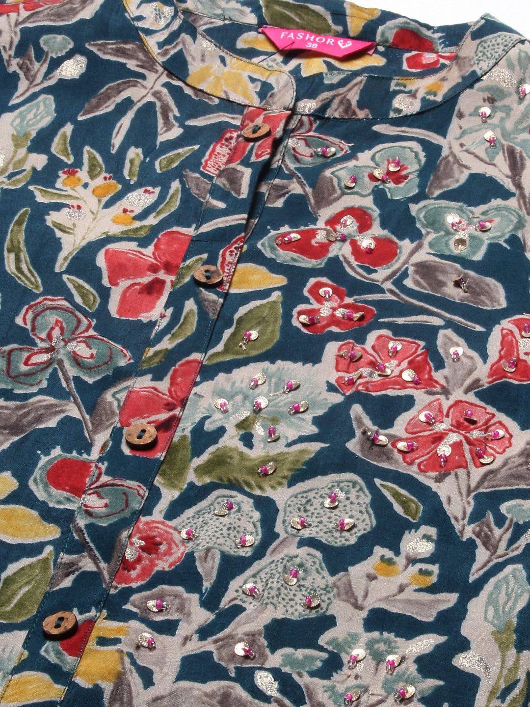 Floral Printed & Sequins Ornamented Tiered Kurta - Blue