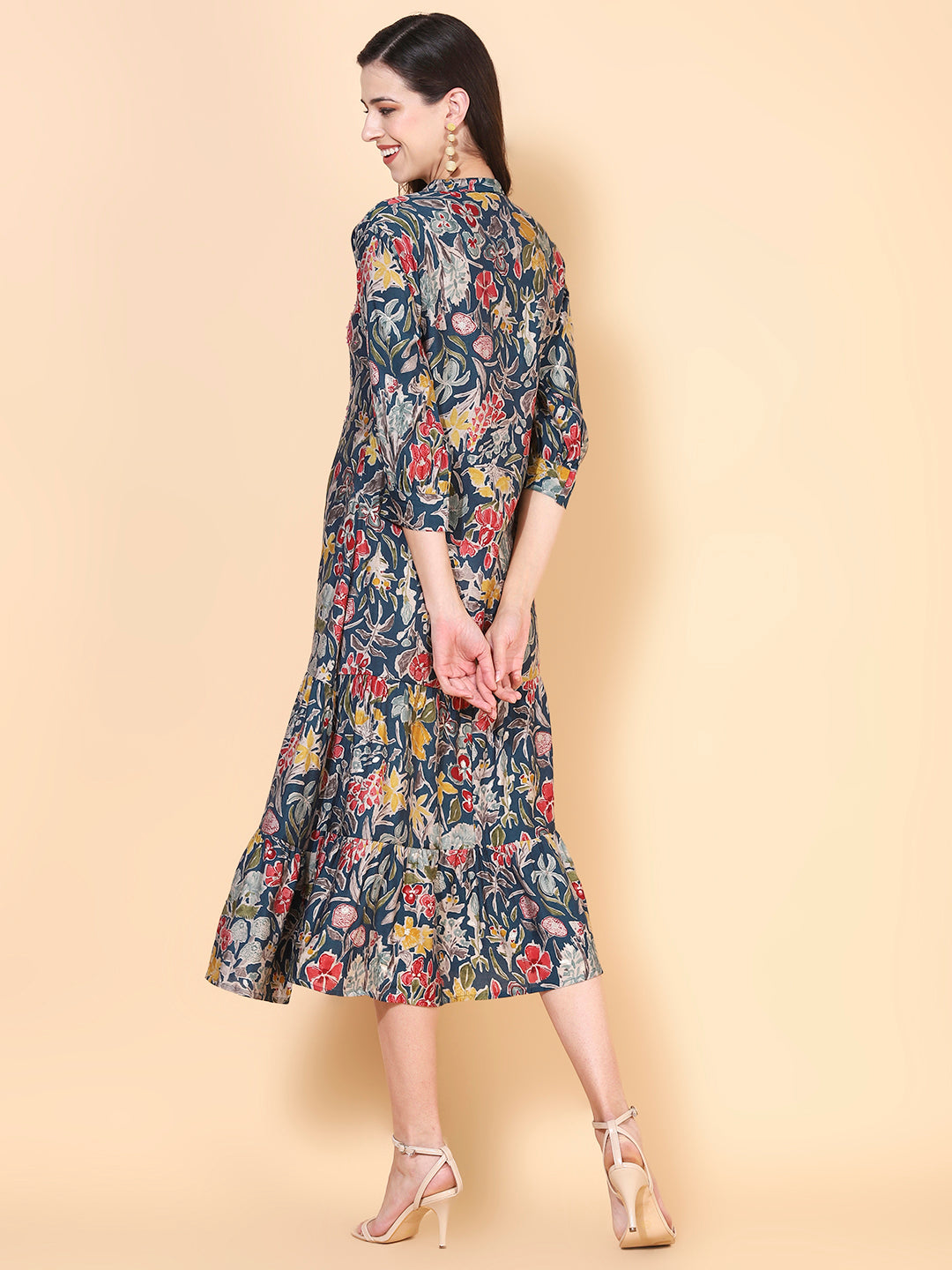 Floral Printed & Sequins Ornamented Tiered Kurta - Blue