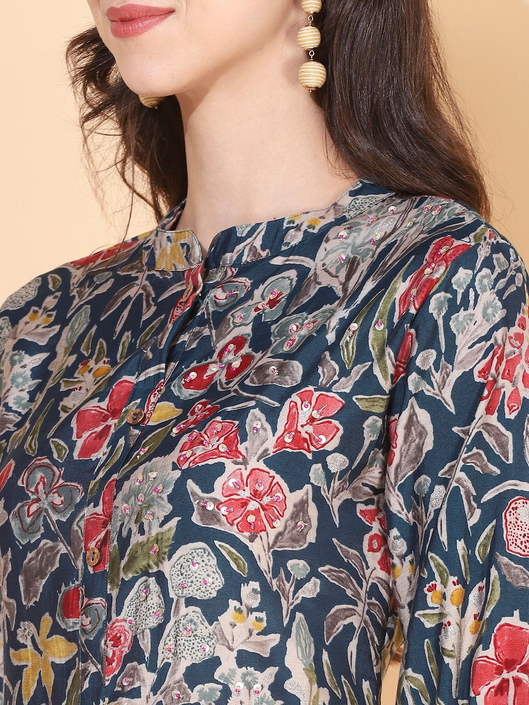 Floral Printed & Sequins Ornamented Tiered Kurta - Blue