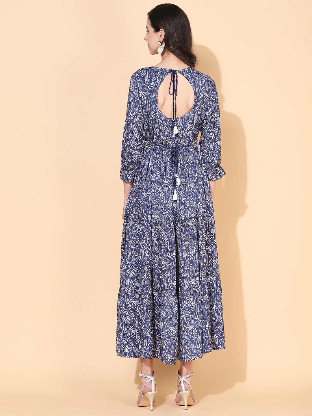 Floral Printed & Hand Embroidered Tiered Flared Maxi Dress - Blue