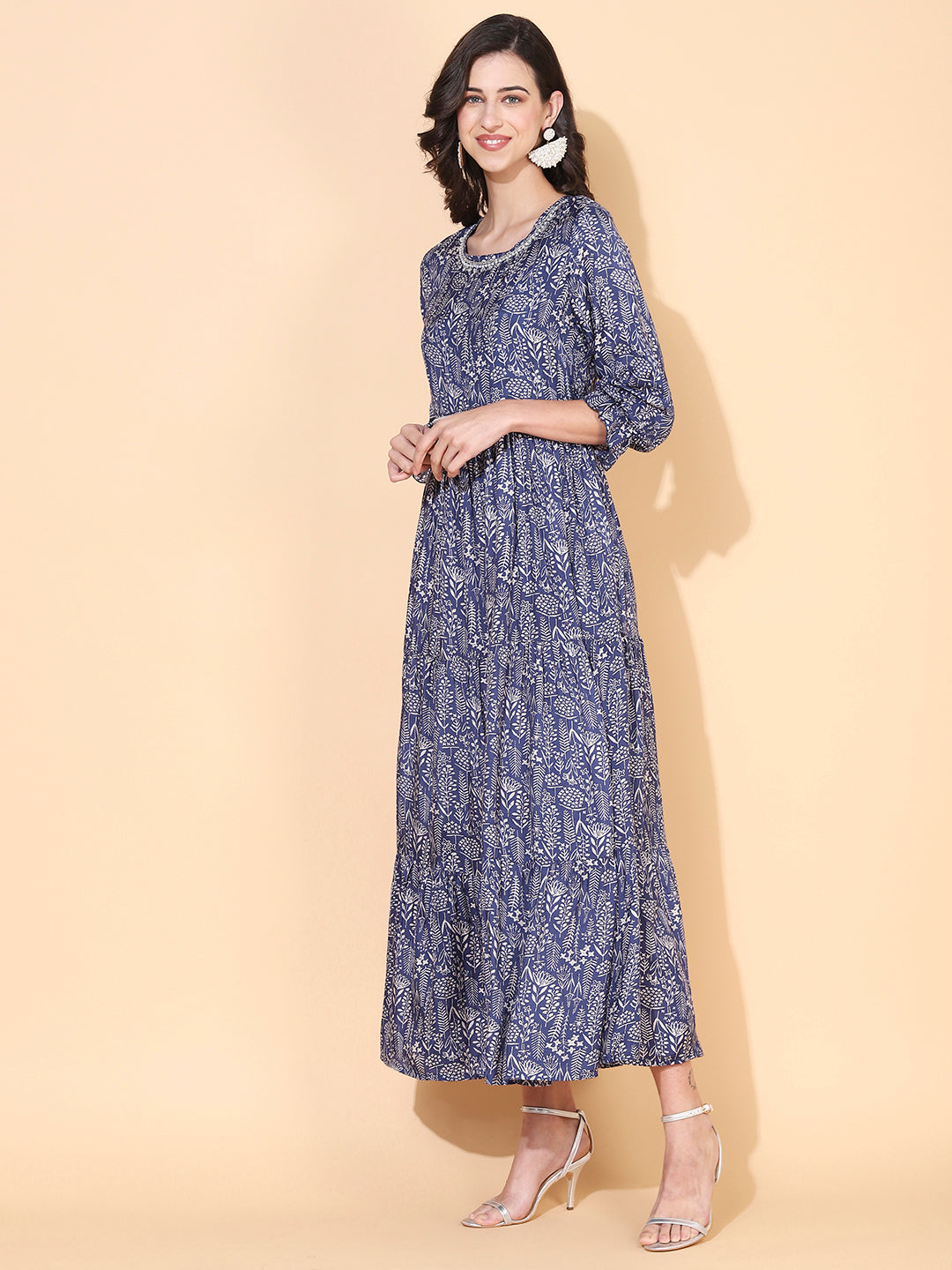 Floral Printed & Hand Embroidered Tiered Flared Maxi Dress - Blue