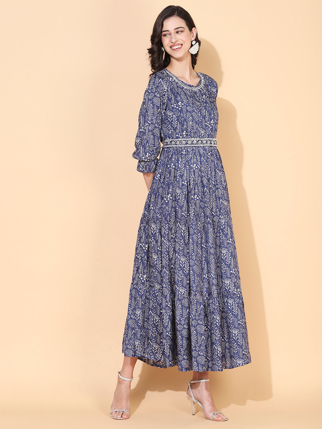 Floral Printed & Hand Embroidered Tiered Flared Maxi Dress - Blue