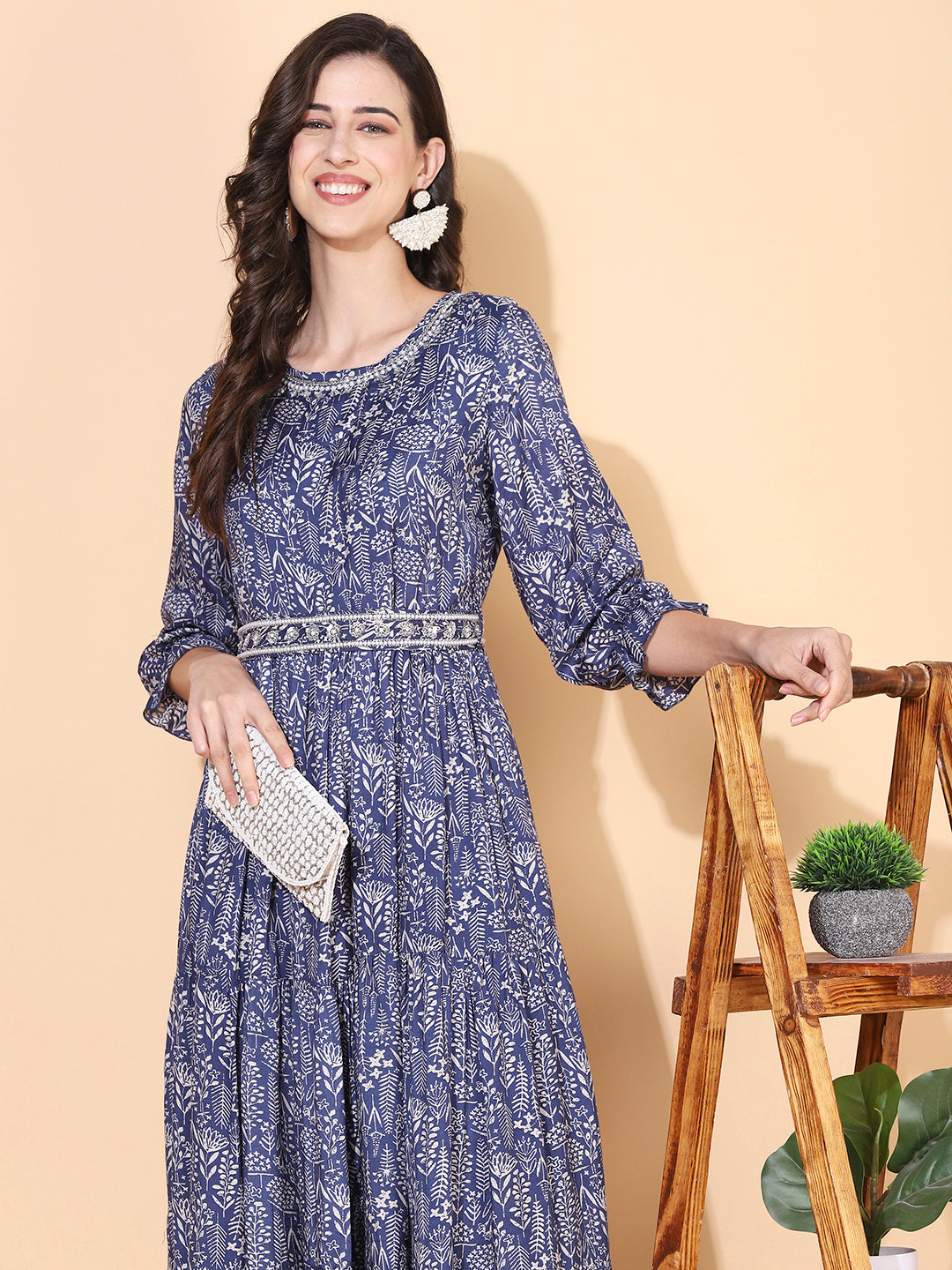 Floral Printed & Hand Embroidered Tiered Flared Maxi Dress - Blue