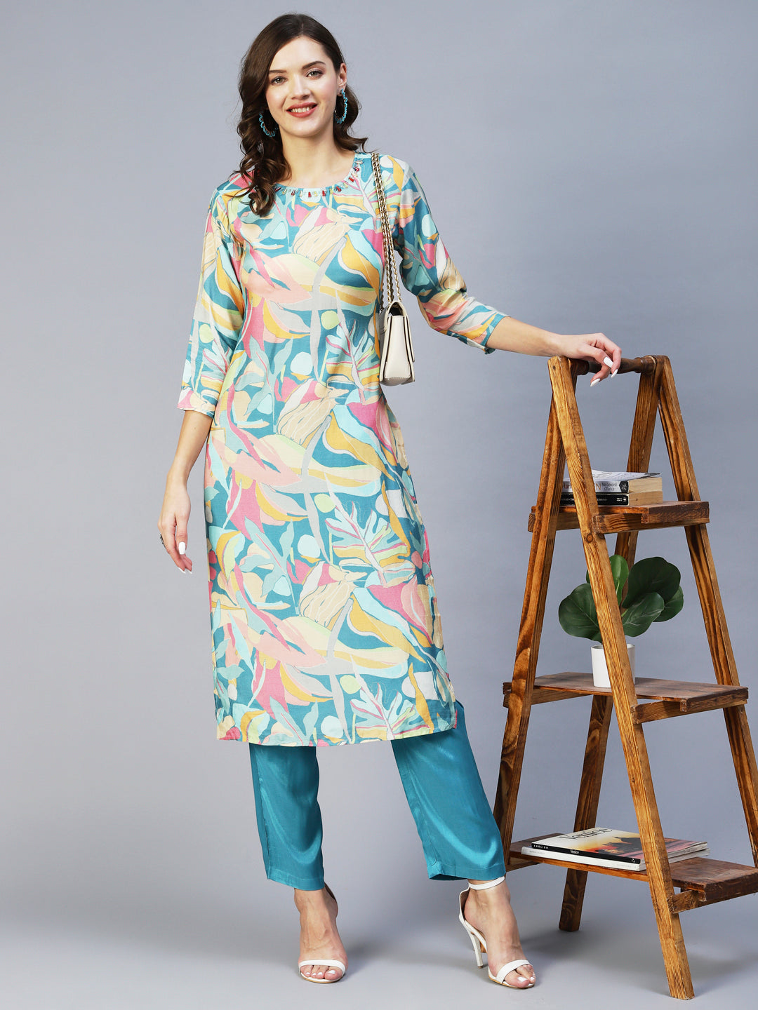 Abstract Printed Beads & Stones Embroidered Kurta With Pants - Multi