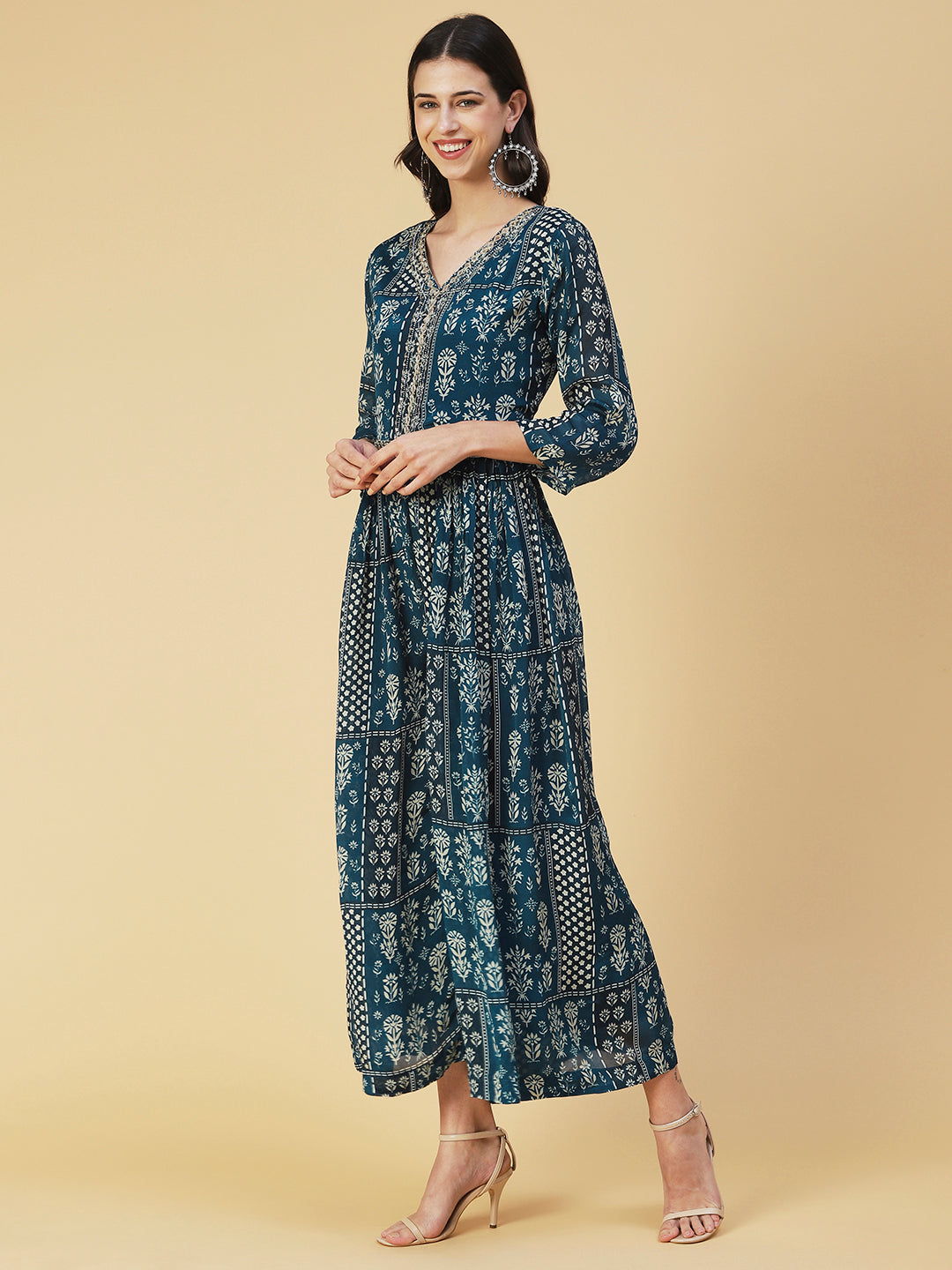 Floral Printed Mirror Embroidered Gathered Dress With Embroidered Belt - Blue