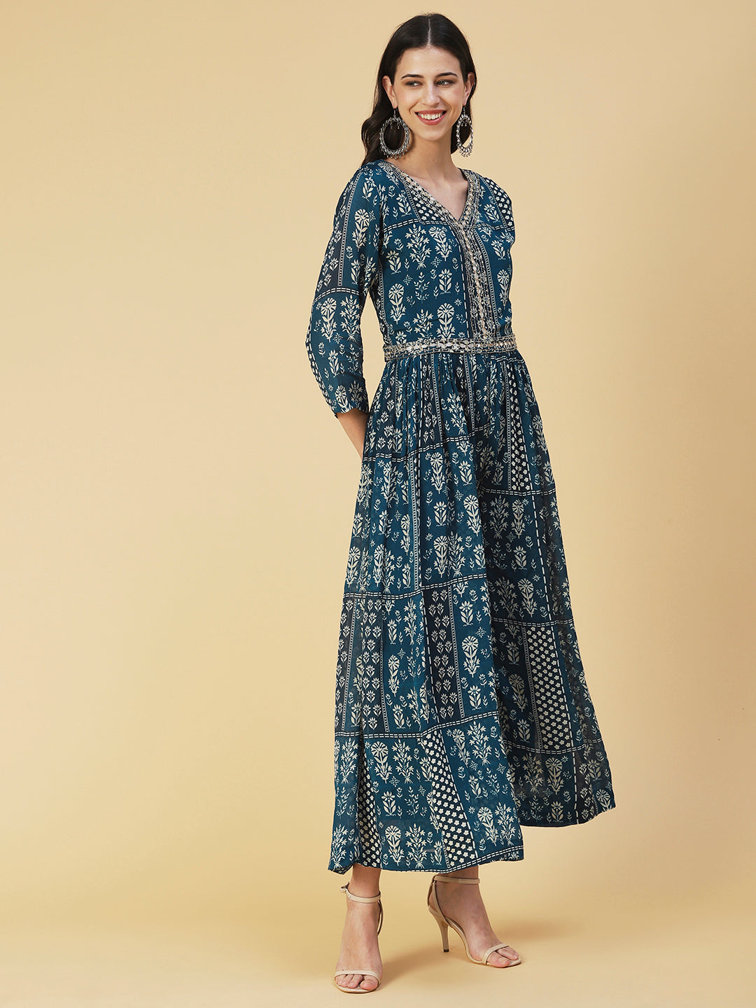 Floral Printed Mirror Embroidered Gathered Dress With Embroidered Belt - Blue