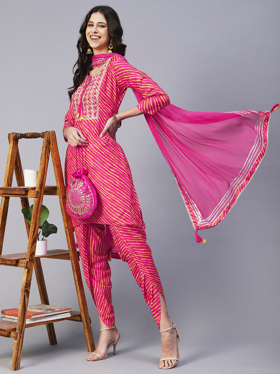 Leheriya Printed & Hand Embroidered Straight Kurta with Pant & Dupatta - Pink